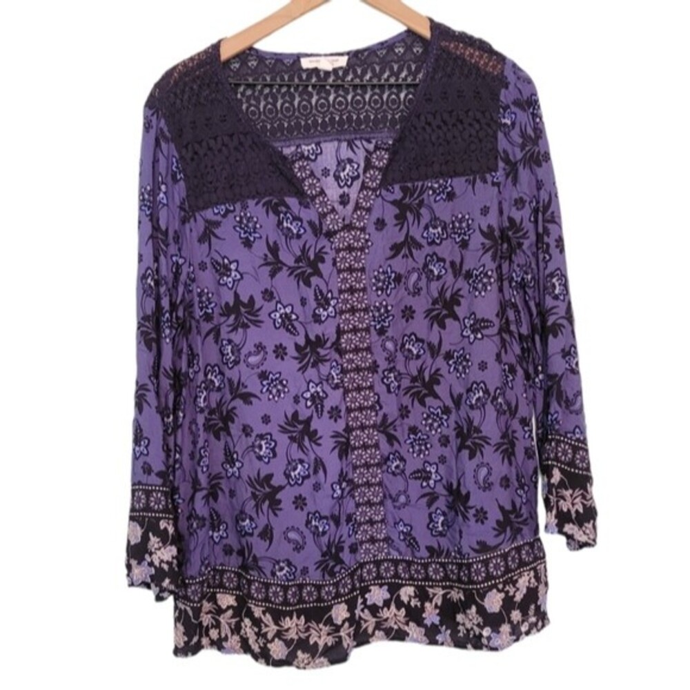 BeachLunchLounge Blue Floral Mixed Print Lace Boho Blouse Size XL